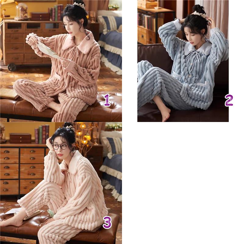レディース ルームウェア 冬用暖かい裏起毛パジャマ上下セット珊瑚絨素材