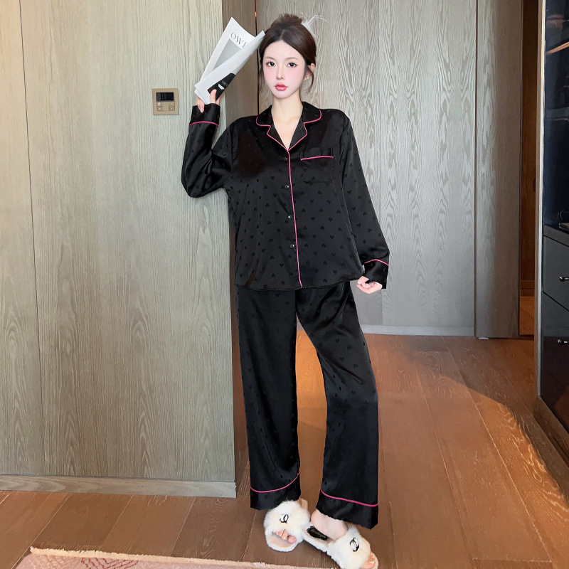 レディース ルームウェア前開きサテン風パイピングテーラー襟長袖パジャマセット