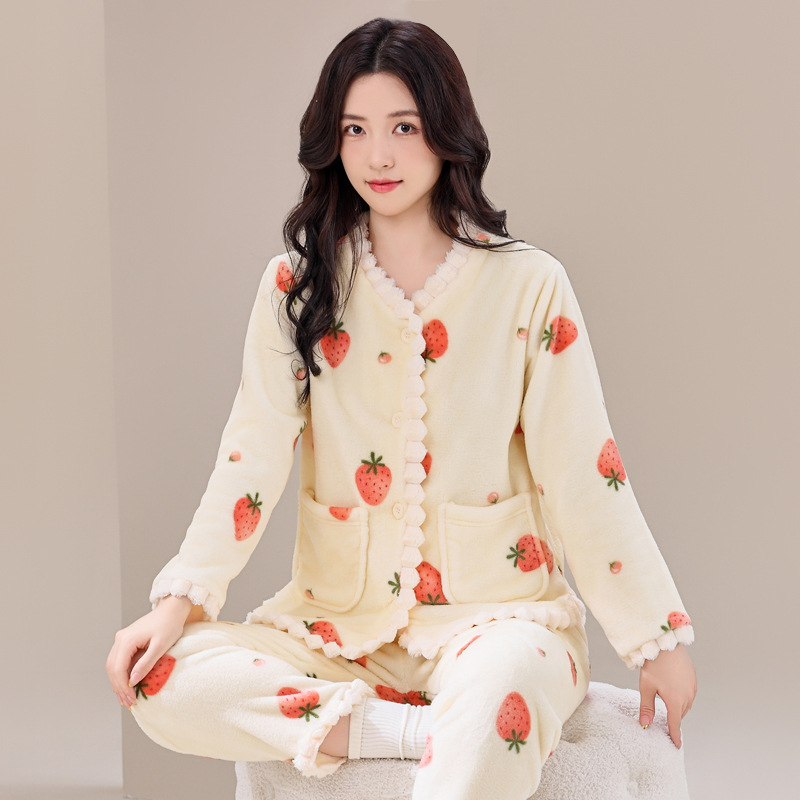 レディース ルームウェア 苺柄スカラップ縁取り前開き