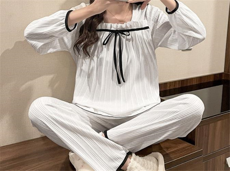 レディース ルームウェア 可愛いリボン付き長袖パジャマ上下セット