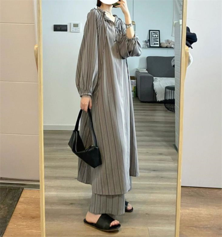 レディース ルームウェア 秋冬ストライプ長袖パジャマセット ロングワンピース