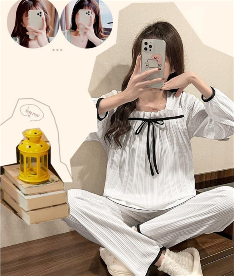 レディース ルームウェア 可愛いリボン付き長袖パジャマ上下セット