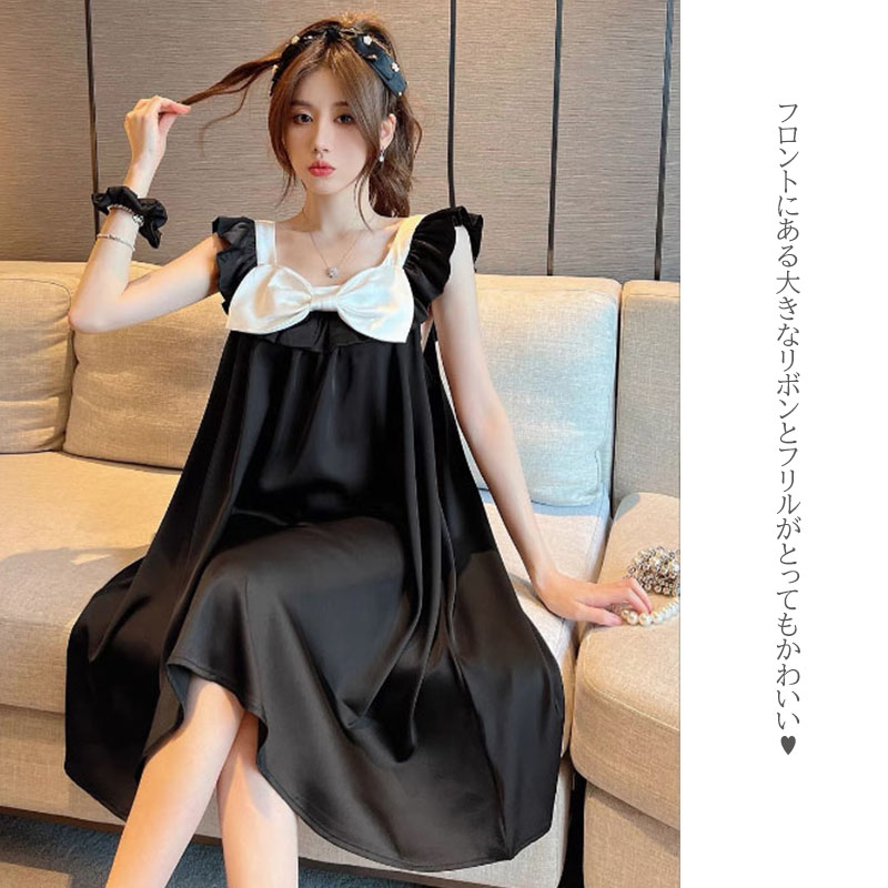 レディース ルームウェア 冷感素材ルームワンピース 大きなリボン付き部屋着