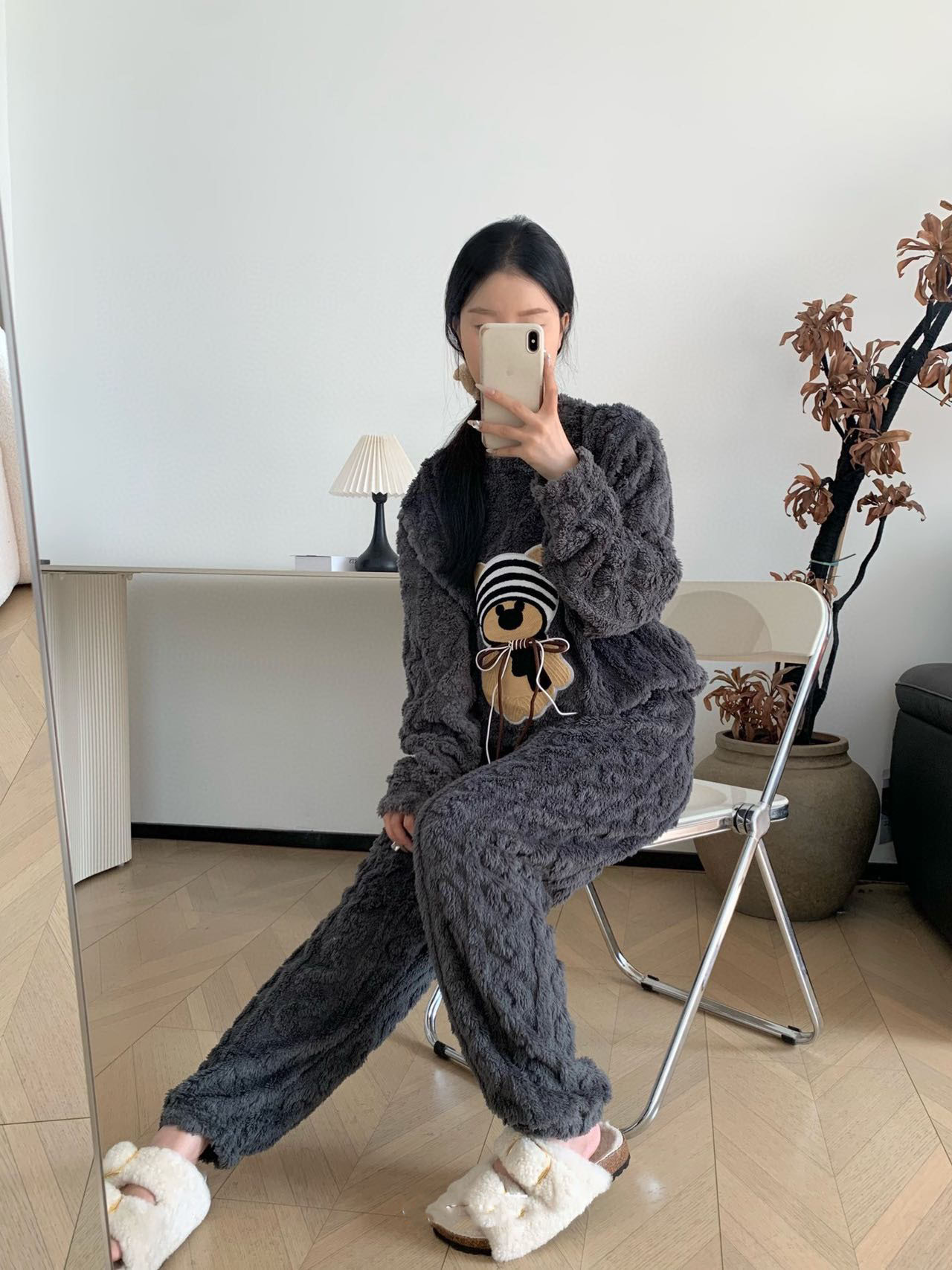 レディース ルームウェア もこもこ暖かパジャマ上下セット くま刺繍付き