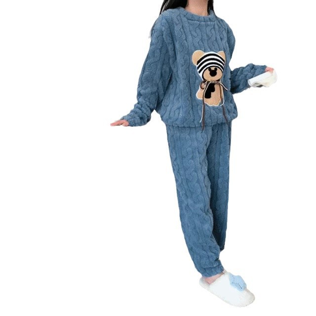 レディース ルームウェア もこもこ暖かパジャマ上下セット くま刺繍付き