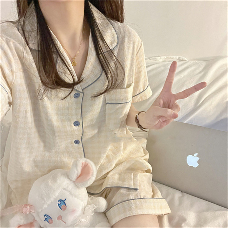 レディース ルームウェア チェック柄レース付き前開きパジャマセット