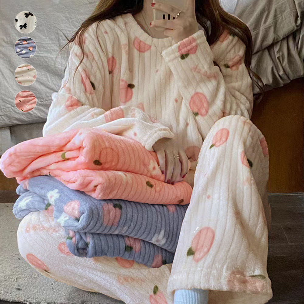 レディース ルームウェア 桃柄もこもこパジャマ上下セット長袖