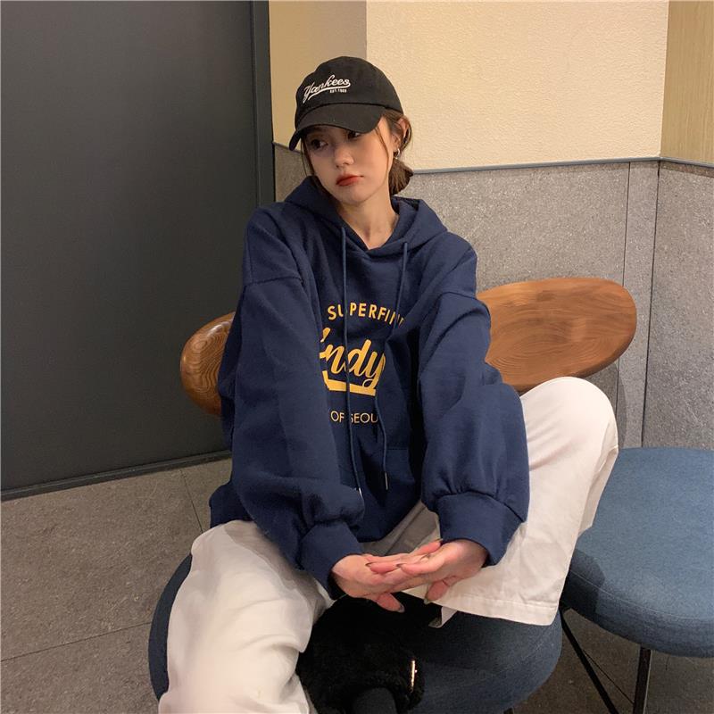 レディースルームウェア長袖ゆったりフード付きロゴパーカー