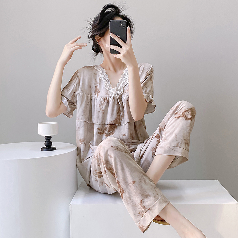 レディース ルームウェア 豹柄半袖パジャマセットアップ女性用部屋着