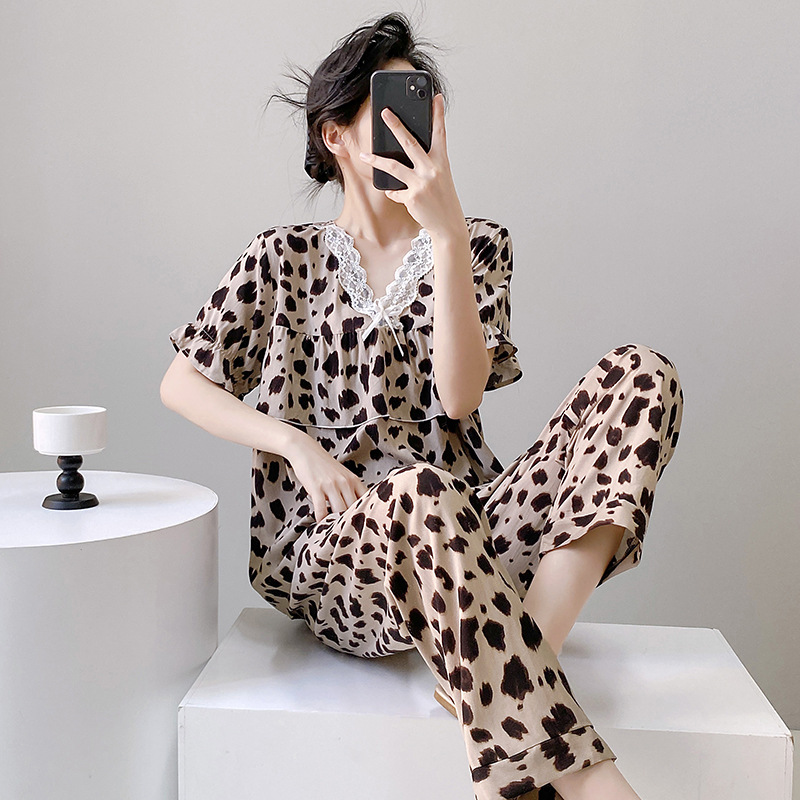 レディース ルームウェア 豹柄半袖パジャマセットアップ女性用部屋着