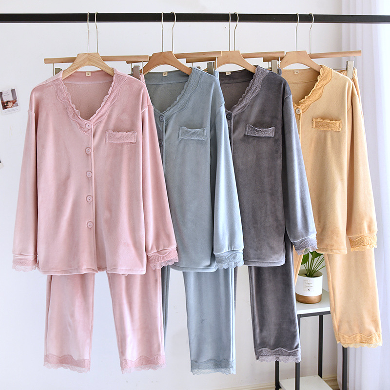 レディース ルームウェア レース襟付き長袖パジャマ上下セット