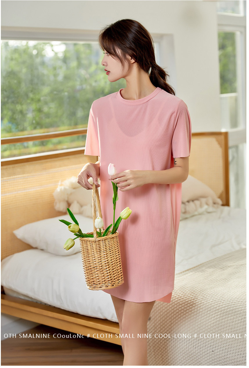 レディース ルームウェア 涼感リブ半袖ワンピース無地ルームウェア