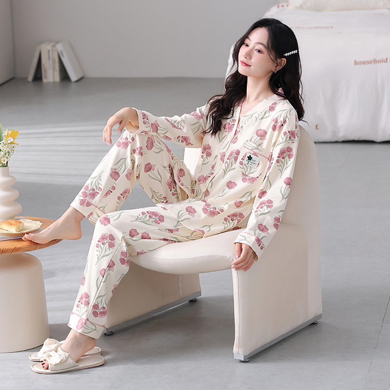 レディース ルームウェア 綿素材花柄長袖パジャマセット肌に優しいルームウェア