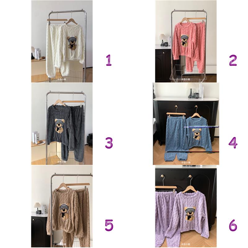 レディース ルームウェア もこもこ厚手パジャマ上下セット くま刺繍