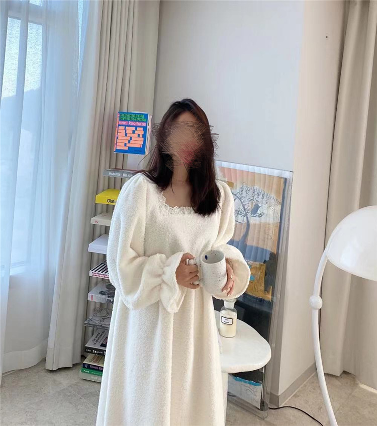 レディース ルームウェア 秋冬暖か四角ネック厚手ルームウェアワンピース