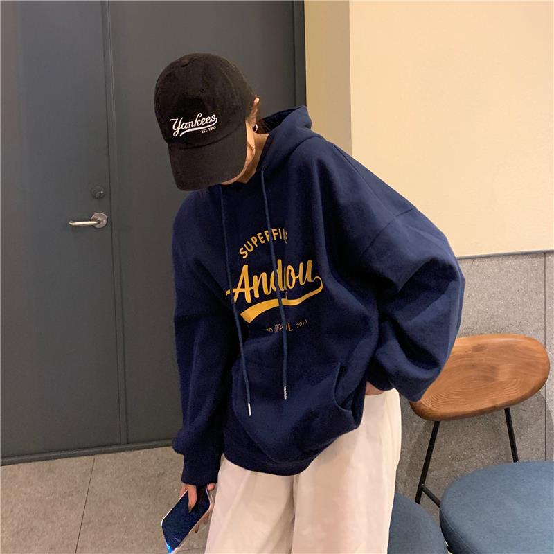 レディースルームウェア長袖ゆったりフード付きロゴパーカー