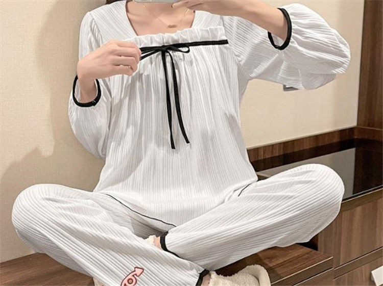 レディース ルームウェア 可愛いリボン付き長袖パジャマ上下セット
