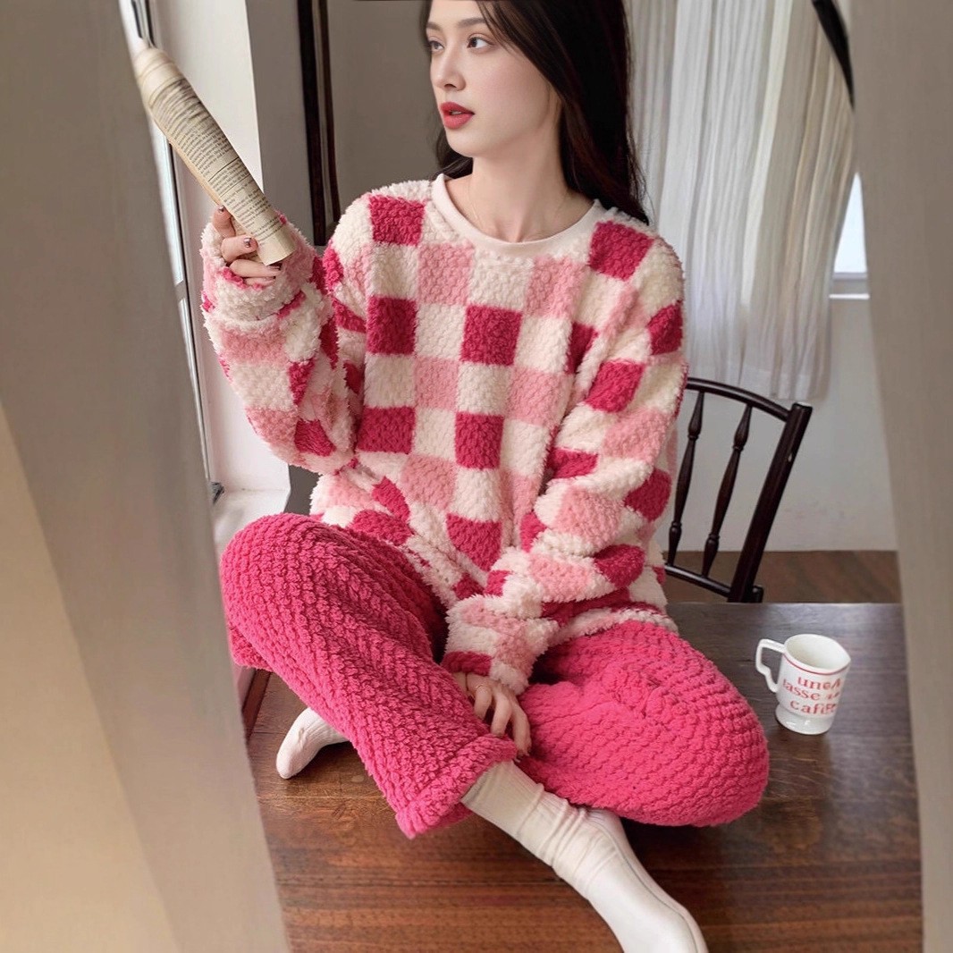 レディース ルームウェア チェック柄もこもこ厚手パジャマセットアップ4色展開