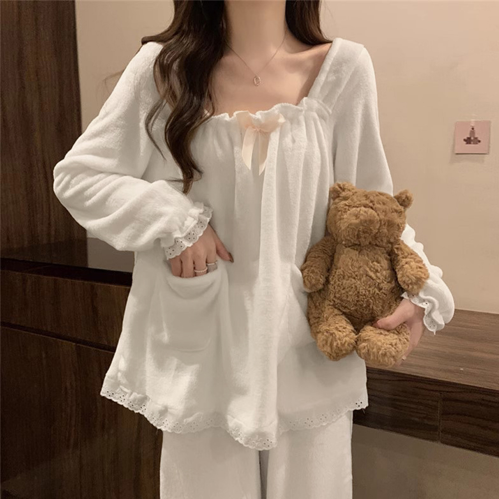 レディース ルームウェア 白いレース付き長袖パジャマ 韓国風ルームウェア