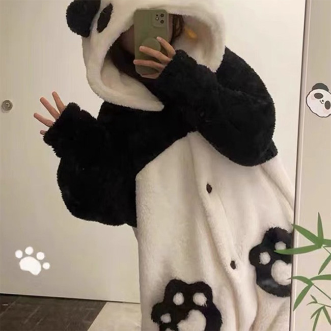 レディースルームウェア前開きパンダ着ぐるみ着る毛布