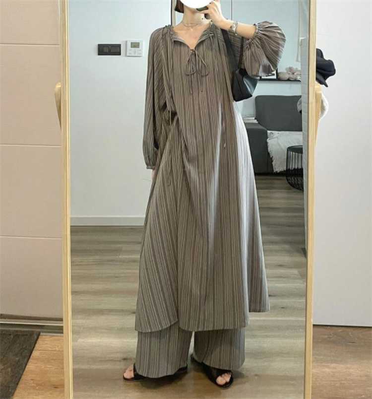 レディース ルームウェア 秋冬ストライプ長袖パジャマセット ロングワンピース