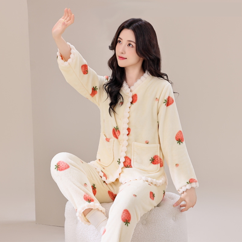 レディース ルームウェア 苺柄スカラップ縁取り前開き