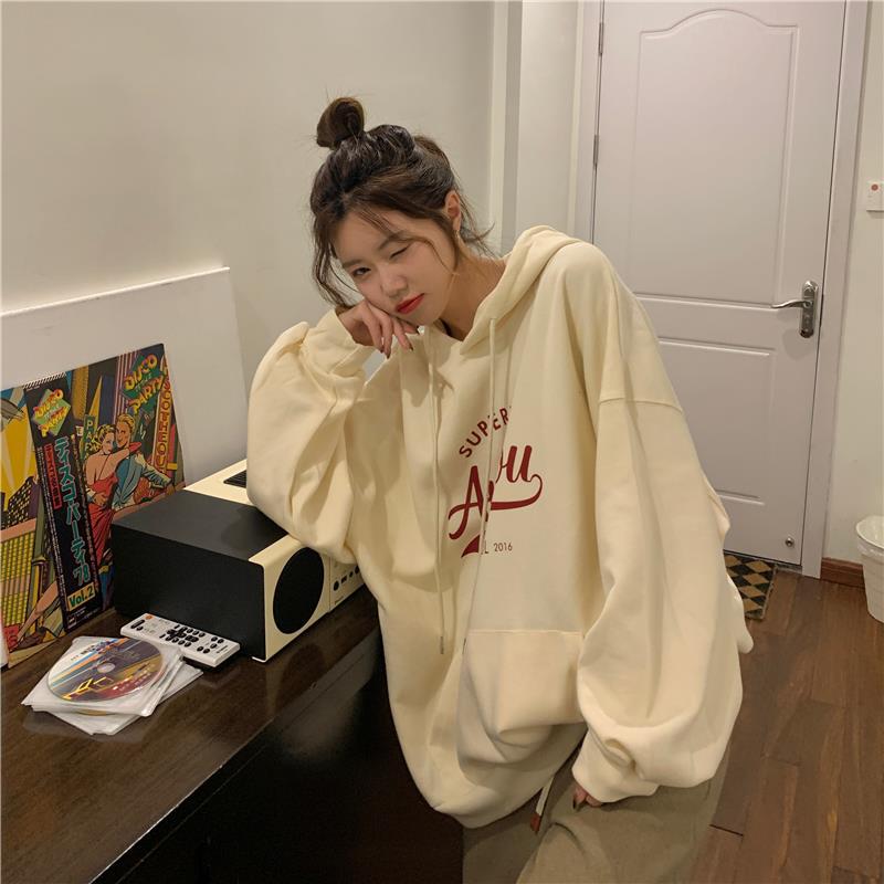 レディースルームウェア長袖ゆったりフード付きロゴパーカー