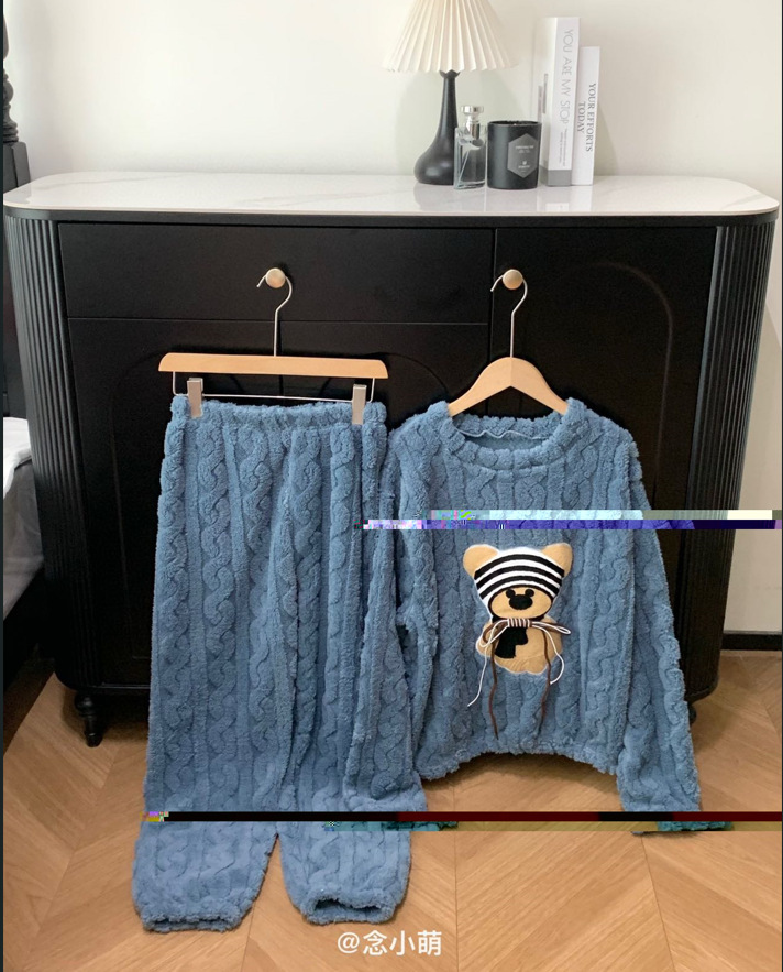 レディース ルームウェア もこもこ厚手パジャマ上下セット くま刺繍