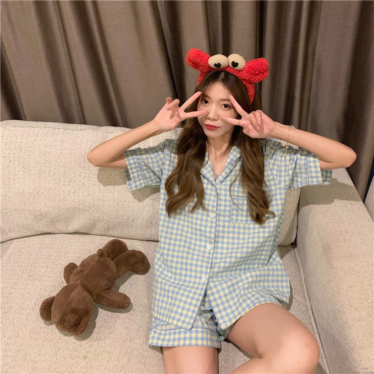 レディース ルームウェア 可愛い格子縞パジャマセット夏用半袖前開きルームウェア