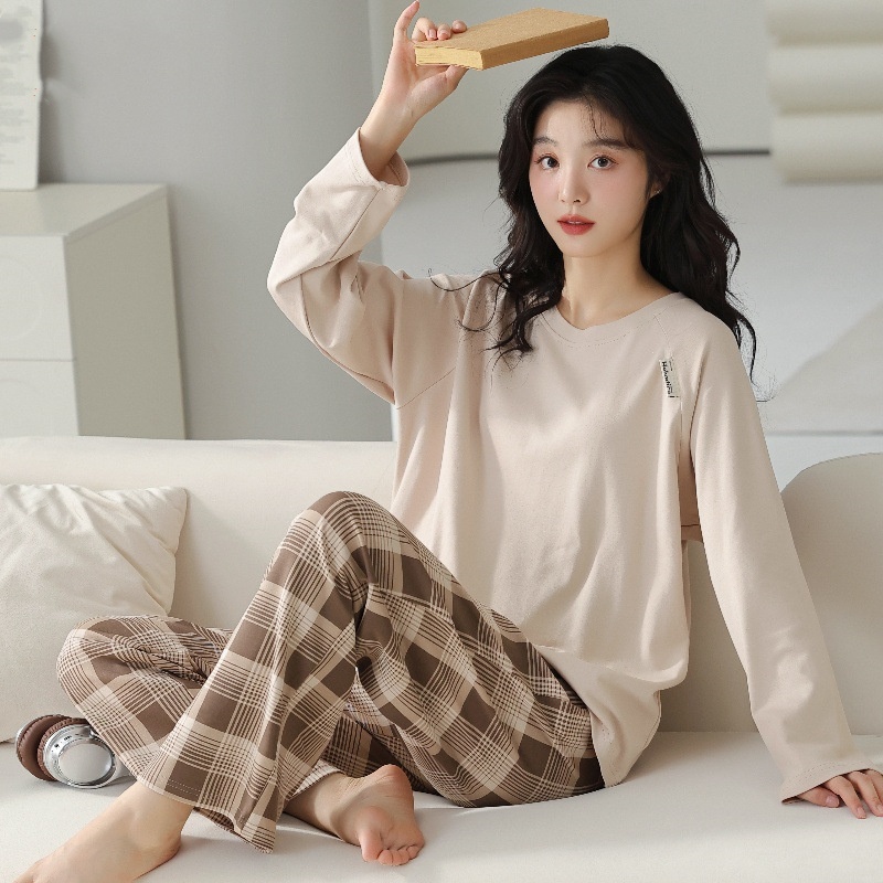 レディース ルームウェア コットン長袖パジャマ上下セット柔らかチェック柄