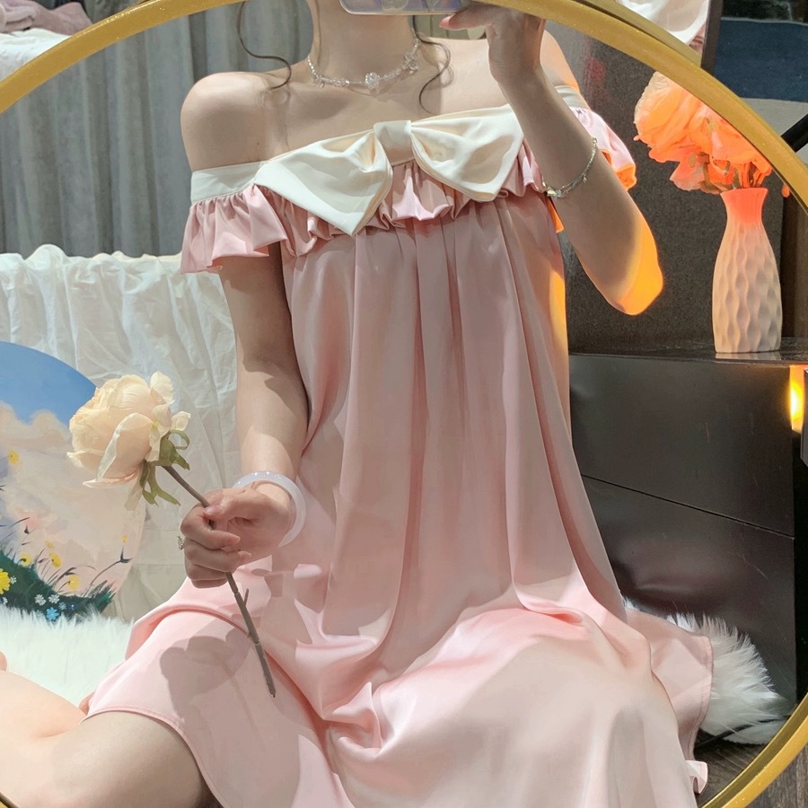 レディース ルームウェア 冷感素材ルームワンピース 大きなリボン付き部屋着