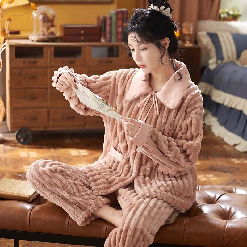 レディース ルームウェア 冬用暖かい裏起毛パジャマ上下セット珊瑚絨素材