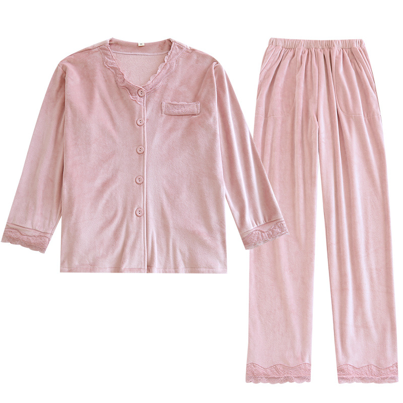 レディース ルームウェア レース襟付き長袖パジャマ上下セット