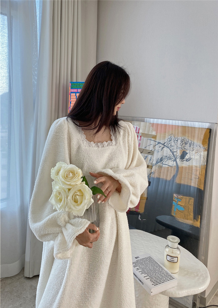 レディース ルームウェア 秋冬暖か四角ネック厚手ルームウェアワンピース