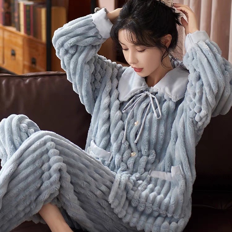 レディース ルームウェア 冬用暖かい裏起毛パジャマ上下セット珊瑚絨素材