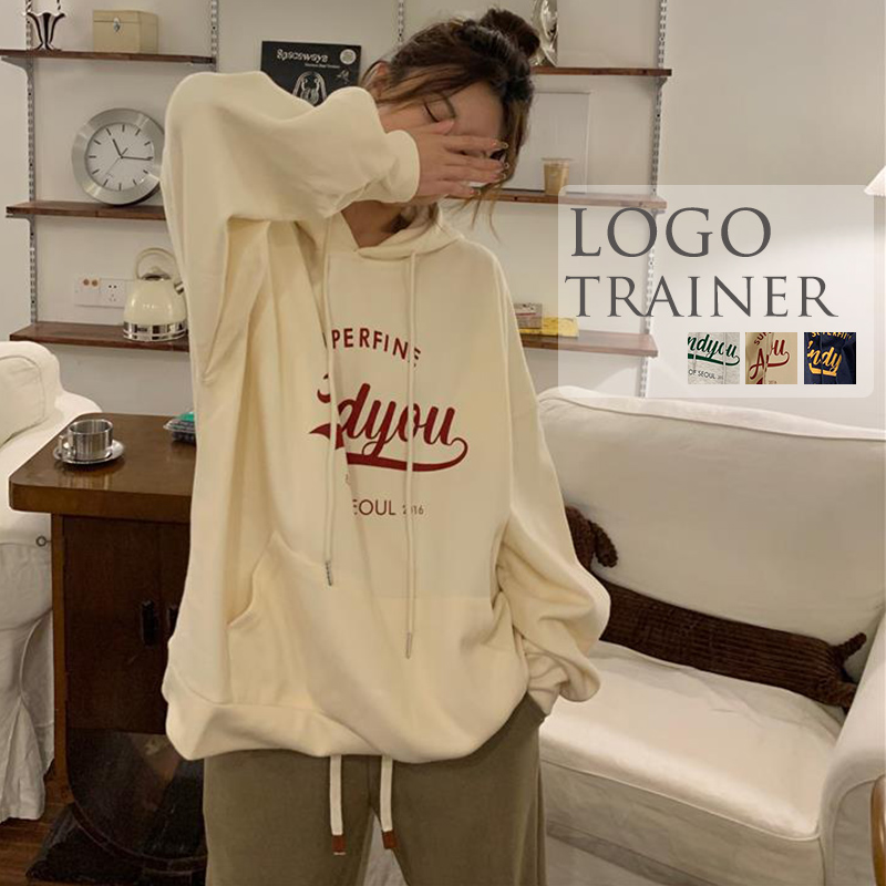 レディースルームウェア長袖ゆったりフード付きロゴパーカー