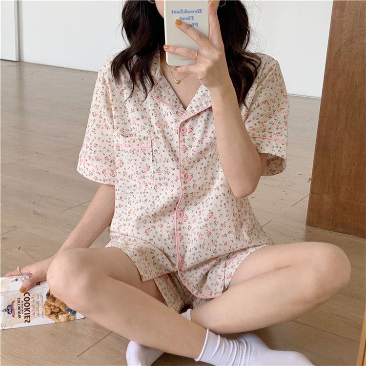 レディース ルームウェア 花柄小花前開き半袖ショートパンツセットアップ