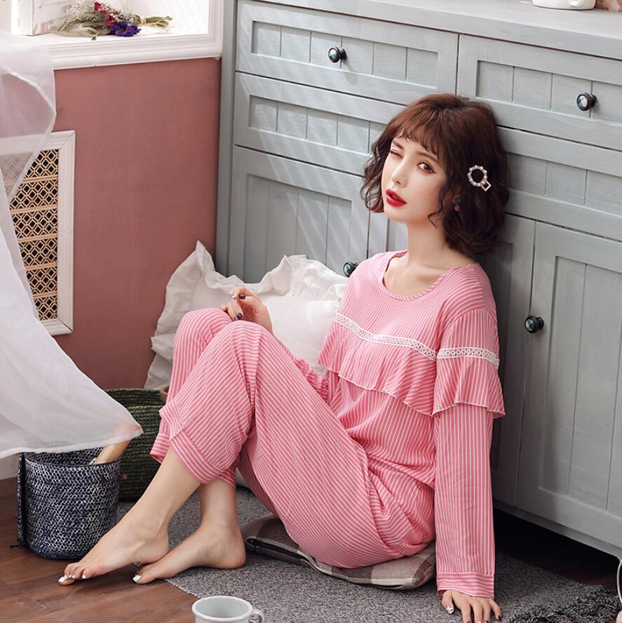 レディース ルームウェア 秋冬レディースフリル付きストライプパジャマセット