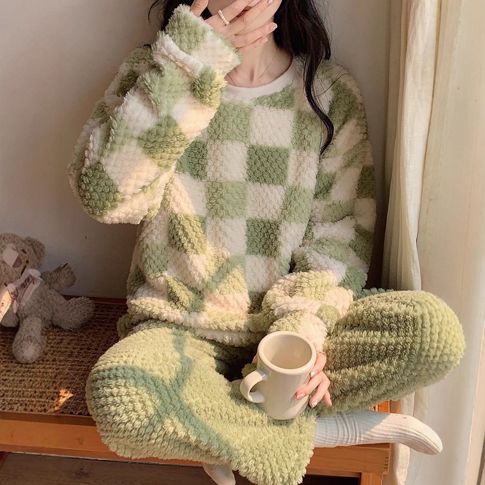 レディース ルームウェア チェック柄もこもこ厚手パジャマセットアップ4色展開