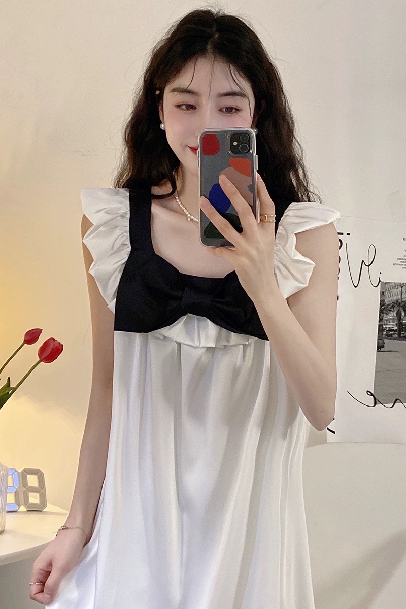 レディース ルームウェア 冷感素材ルームワンピース 大きなリボン付き部屋着