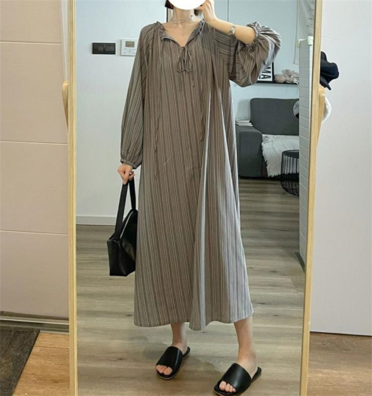 レディース ルームウェア 秋冬ストライプ長袖パジャマセット ロングワンピース