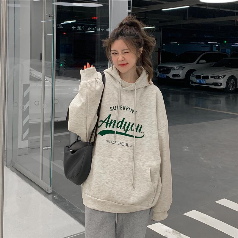 レディースルームウェア長袖ゆったりフード付きロゴパーカー