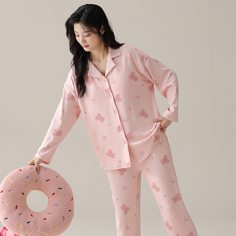 レディースルームウェアセットアップ綿素材可愛い柄付き