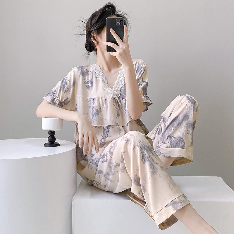 レディース ルームウェア 豹柄半袖パジャマセットアップ女性用部屋着