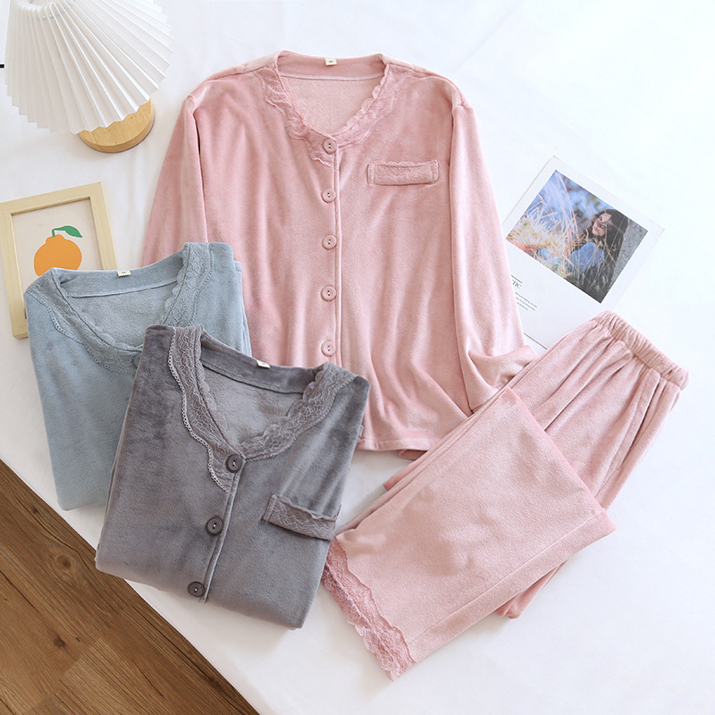 レディース ルームウェア レース襟付き長袖パジャマ上下セット