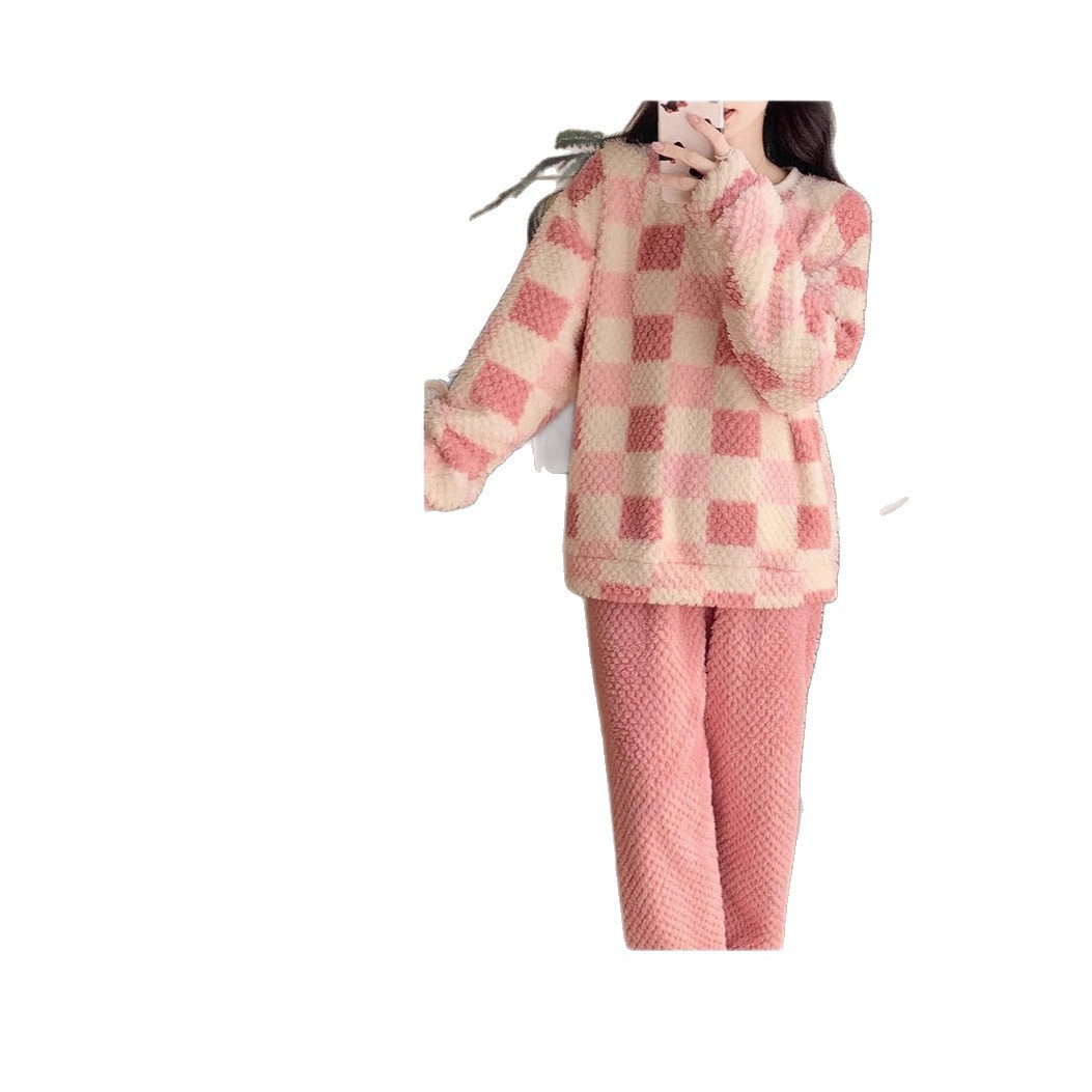 レディース ルームウェア チェック柄もこもこ厚手パジャマセットアップ4色展開