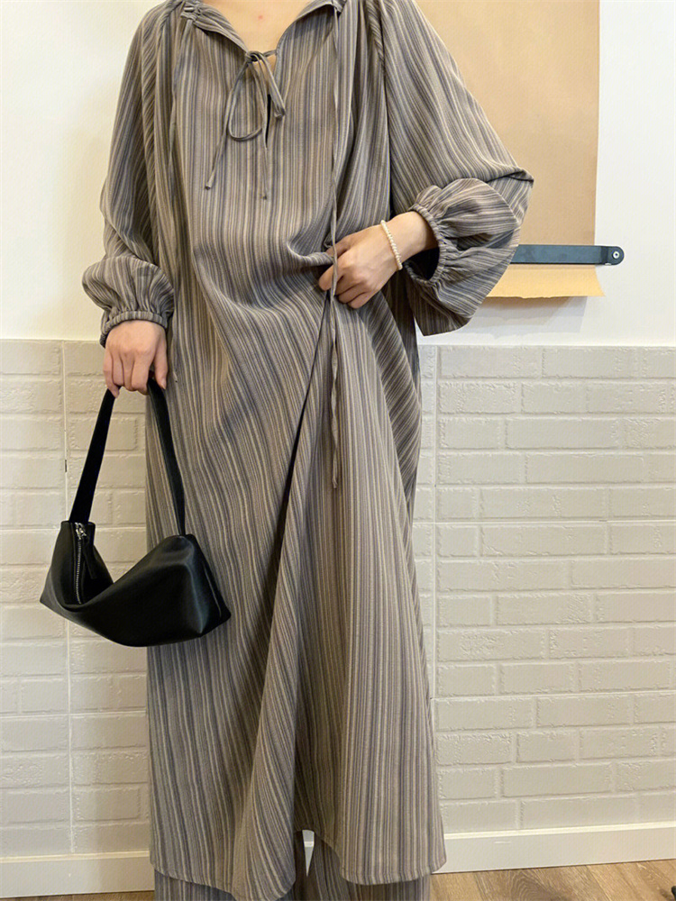 レディース ルームウェア 秋冬ストライプ長袖パジャマセット ロングワンピース