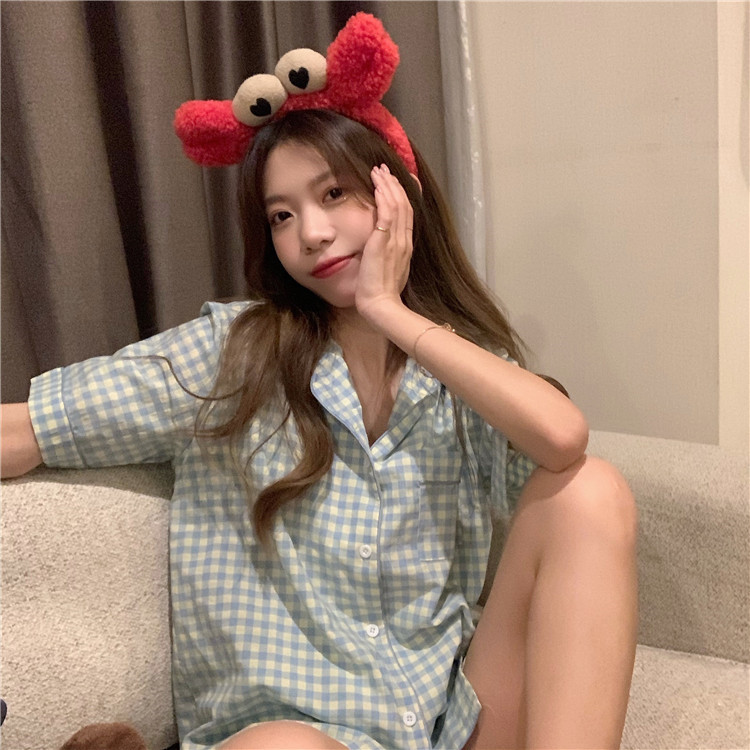 レディース ルームウェア 可愛い格子縞パジャマセット夏用半袖前開きルームウェア