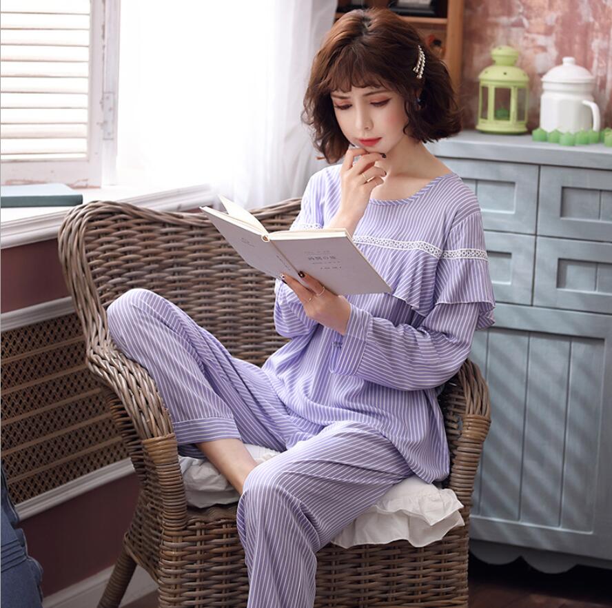 レディース ルームウェア 秋冬レディースフリル付きストライプパジャマセット