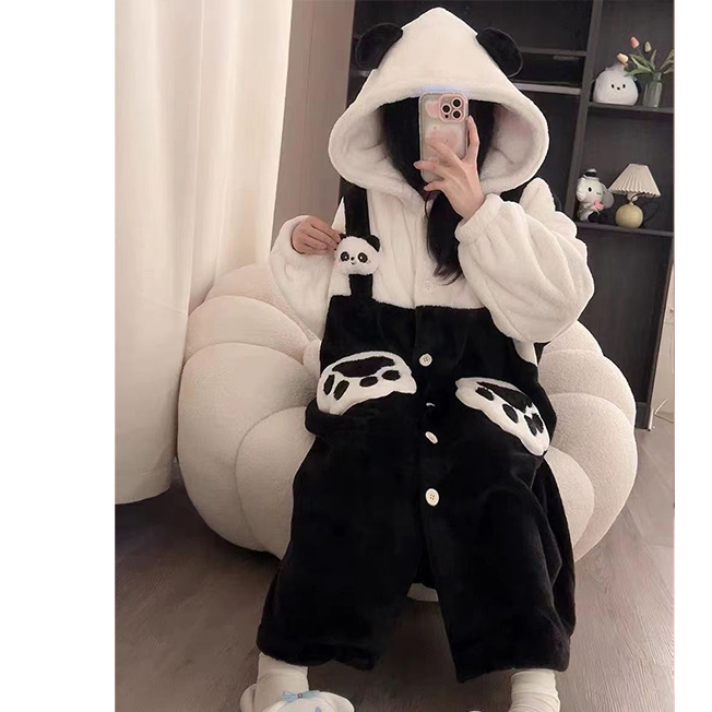 レディースルームウェア前開きパンダ着ぐるみ着る毛布